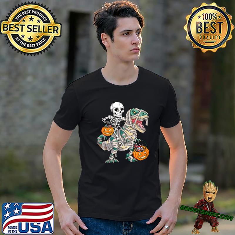 Skeleton Riding Dinosaur Candy Pumpkin Halloween T-Shirt