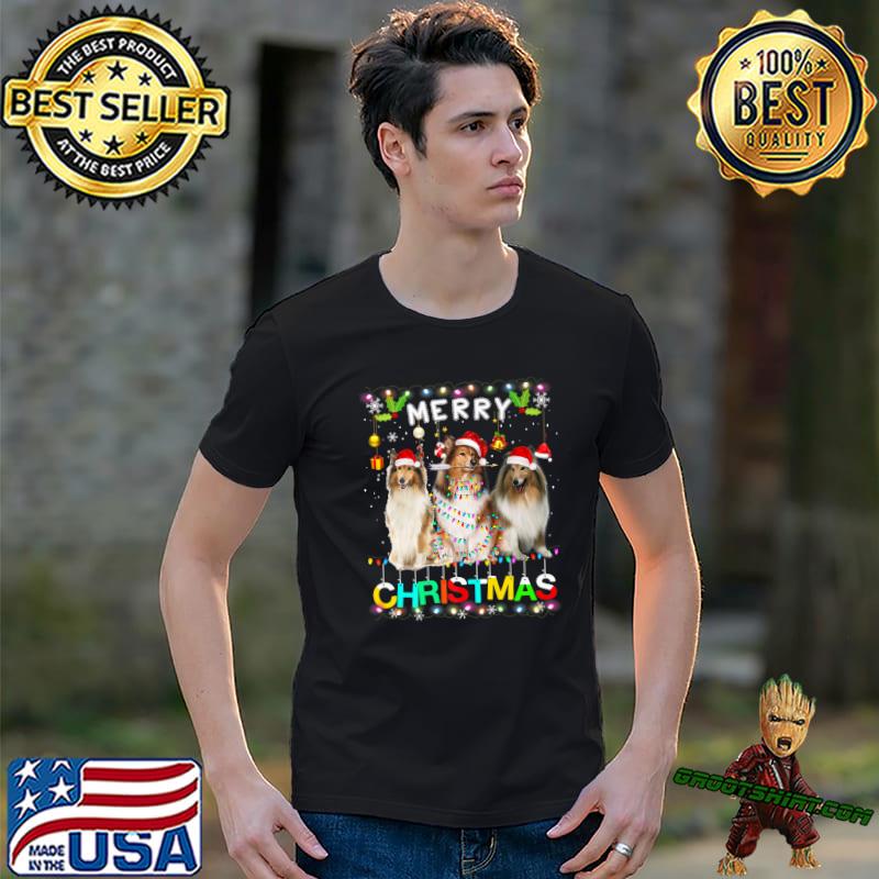 Merry Christmas Sheepdog Santa Hat Lights Xmas T-Shirt
