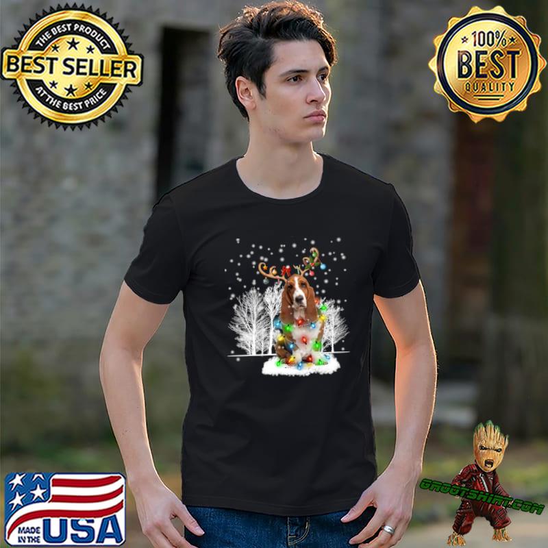Basset Hound Dog Snow Reindeer Santa Hat Christmas Light Xmas T-Shirt