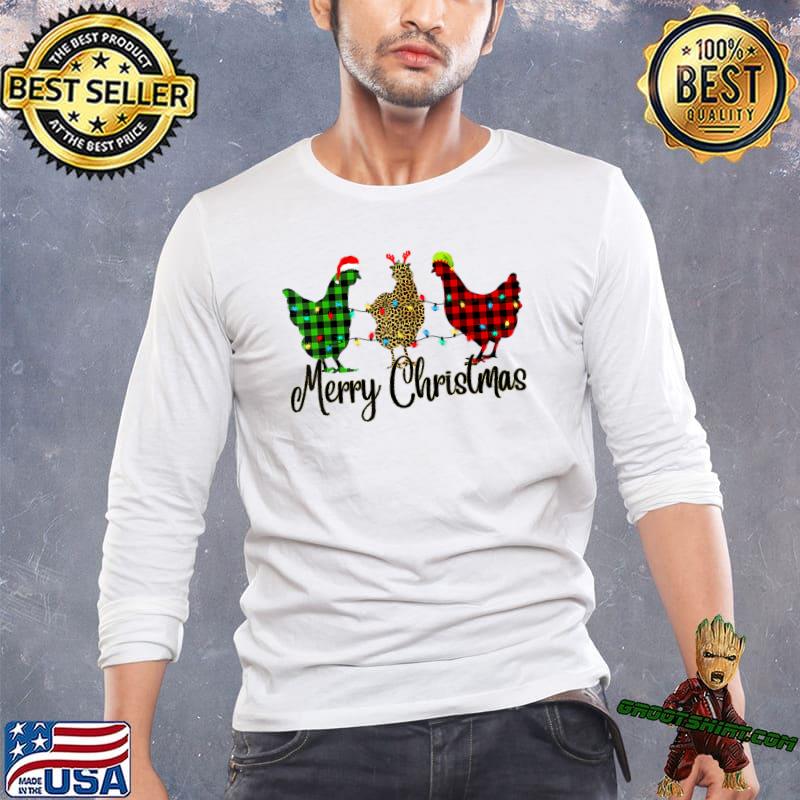 Chicken Merry Christmas Red Green Plaid Leopard Lights Pajama T-Shirt