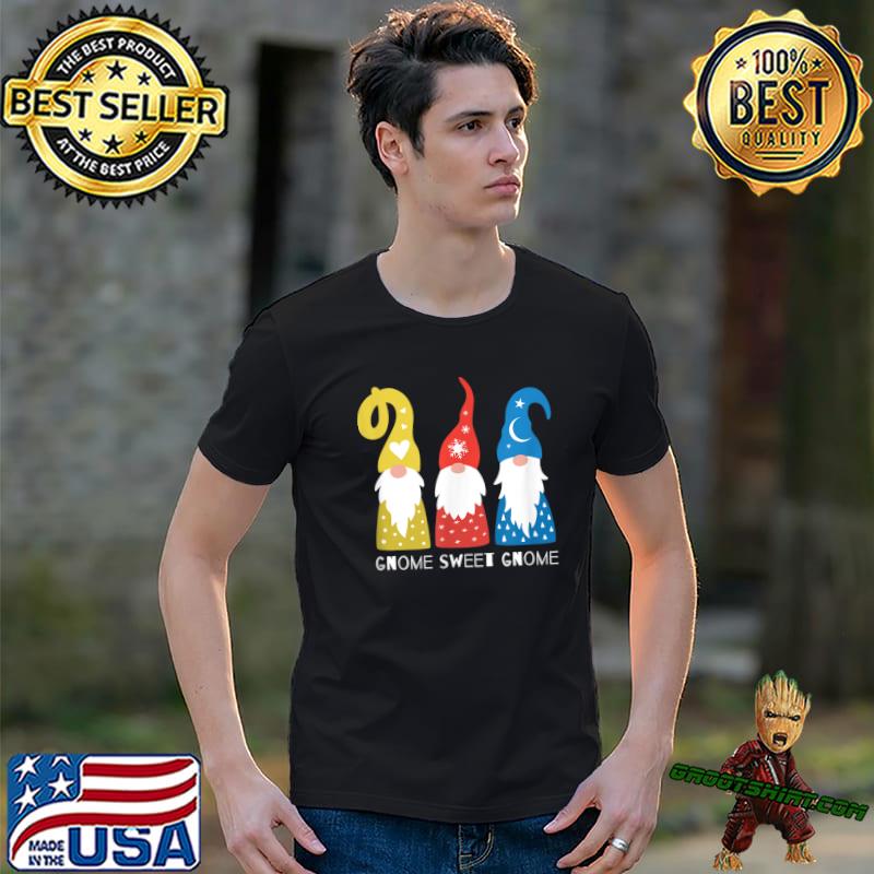 Holiday Tee Gnome Sweet Gnome Three Gnome Yellow Red And Blue T-Shirt