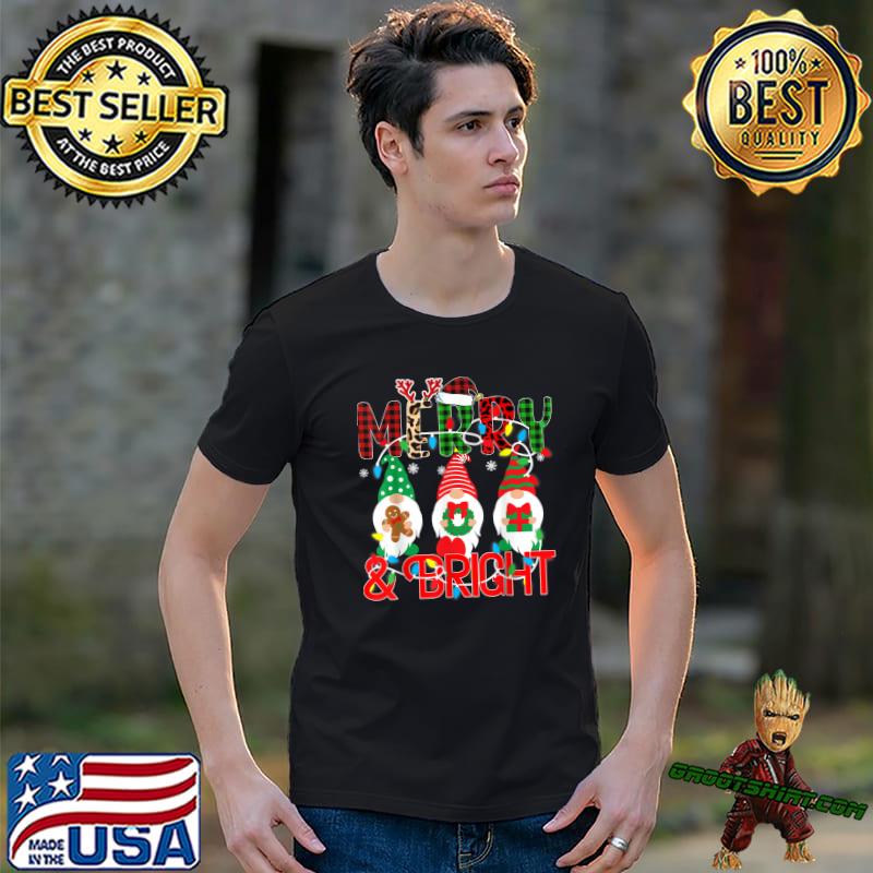 Merry And Bright Christmas Light Red And Green Plaid Gnomes Family Christmas 2022 T-Shirt