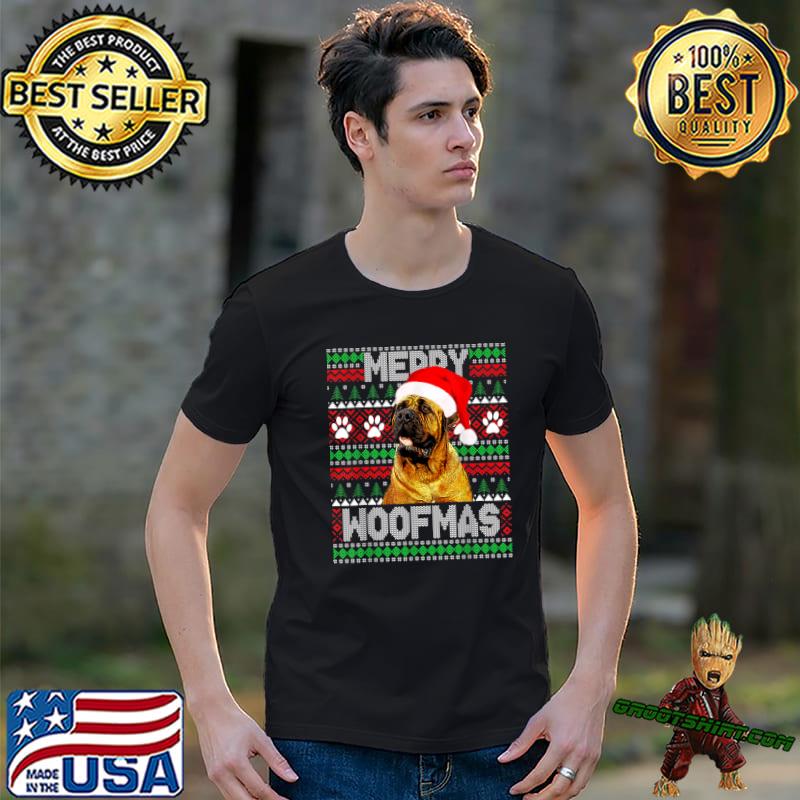 Merry Woofmas French Mastiff Dog Wear Santa Hat Ugly Sweater T-Shirt