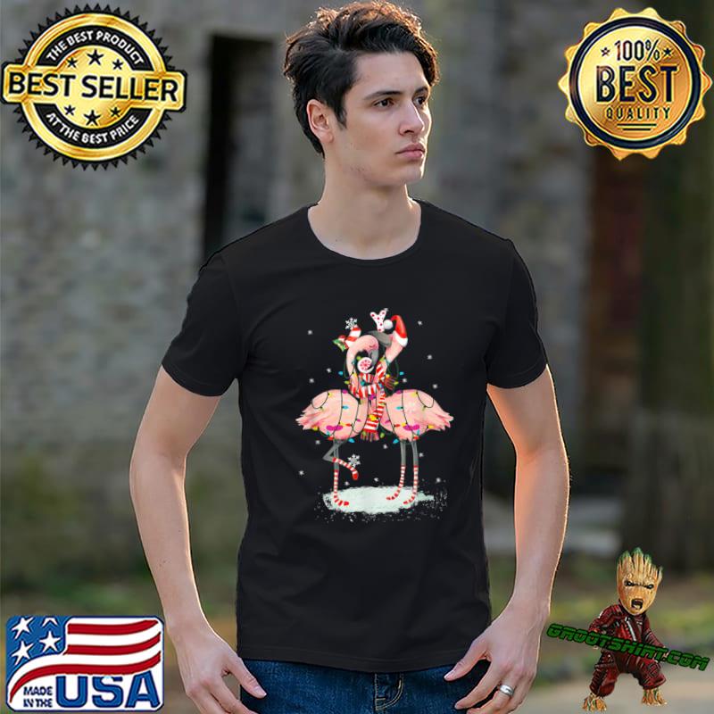 Two flamingo with santa hat and lights merry christmas T-Shirt