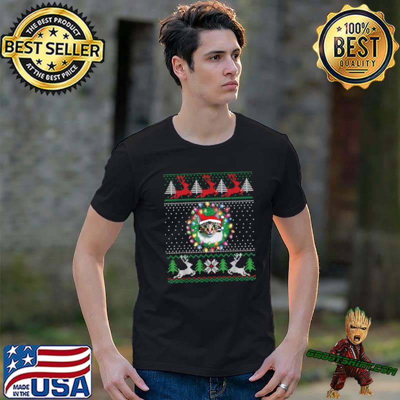 Meowy Cat Santa Hat Lights Reindeers Ugly Christmas Sweater T-Shirt