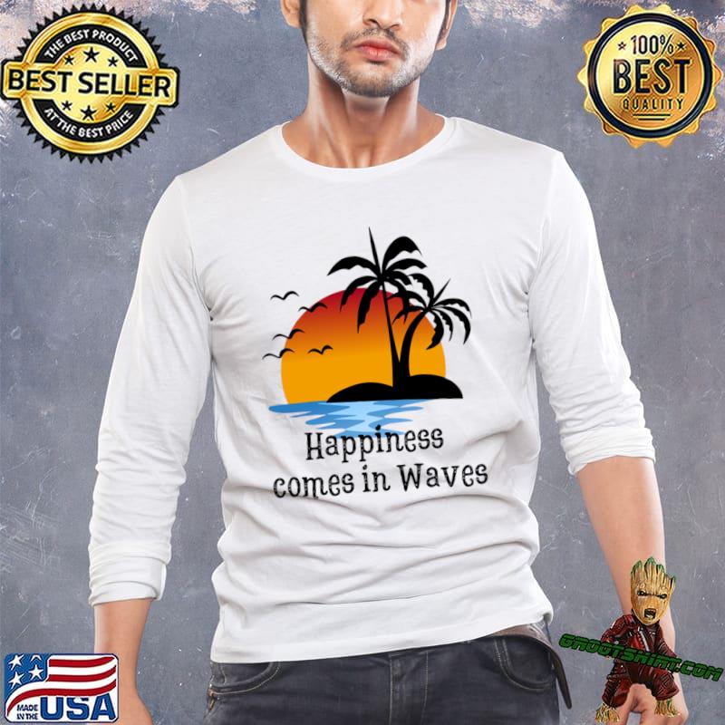 Happiness comes in waves palms tree birds vintage sunset T-Shirt