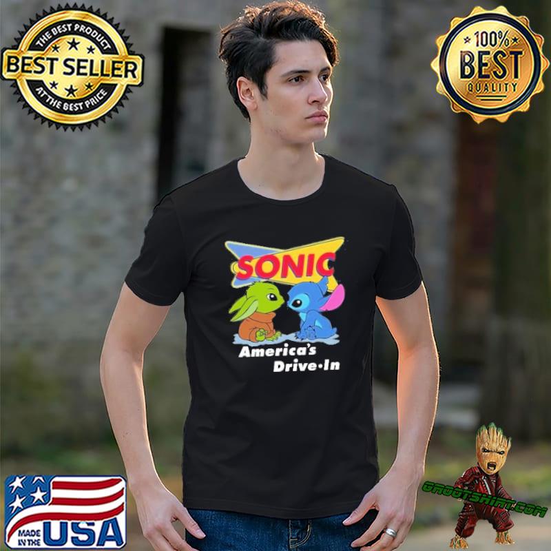 Sonic america's drive in baby yoda and stitch shirt